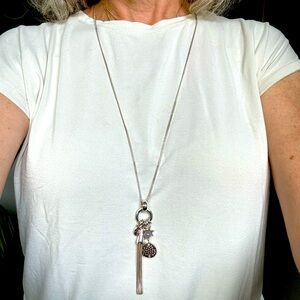 Bright silver-tone long charm fringe pendant necklace